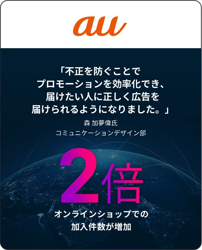 all 「不正を防ぐことでプロモーションを効率化でき、届けたい人に正しく広告を届けられるようになりました。」 森 加夢偉氏 コミュニケーションデザイン部 2 倍 オンラインショップでの加入件数が増加